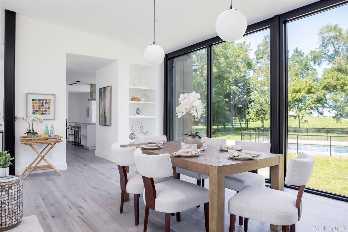 Dining room, Interior, Pendant Lights, Wood Texture Flooring