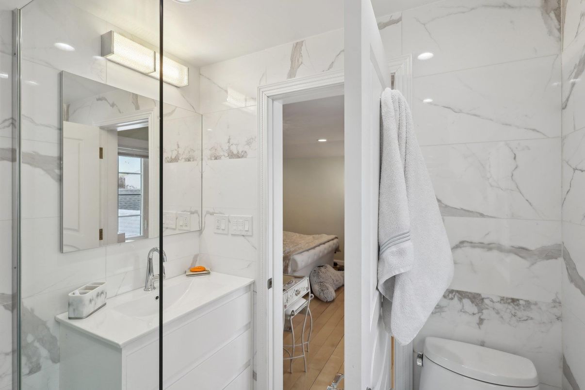 Bathroom, Glass Shower, Interior, Marble Walls, Recessed Lighting