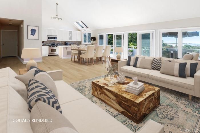 Dining room, Interior, Kitchen, Living room, Pendant Lights, Stainless Steel Appliances, Wood Texture Flooring