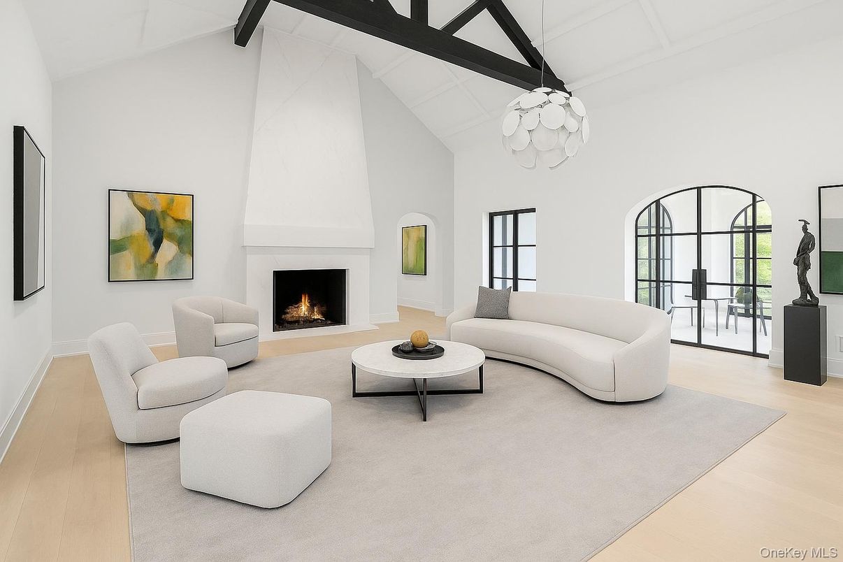 Fireplace, Interior, Living room, Pendant Lights, Wood Texture Flooring