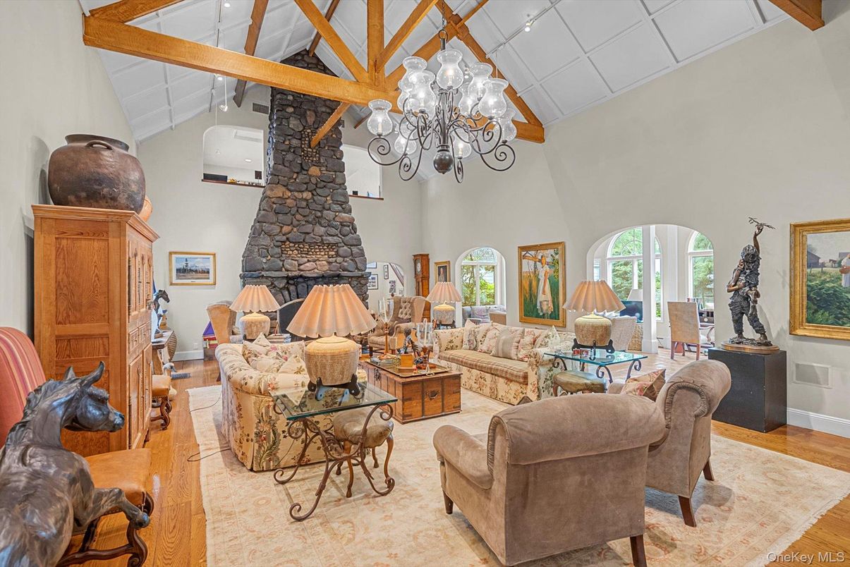 Chandelier, Fireplace, Interior, Living room, Recessed Lighting, Wooden Beams, Wood Texture Flooring