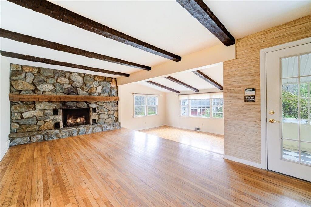 Empty room, Fireplace, Interior, Wooden Beams, Wood Texture Flooring