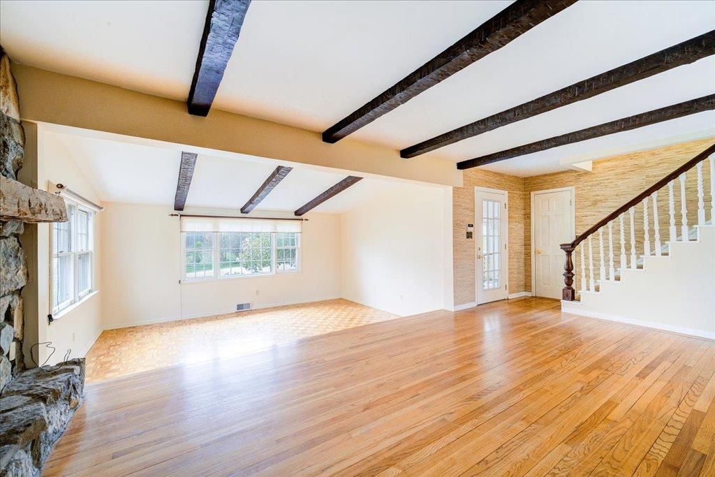 Empty room, Interior, Stone Walls, Wooden Beams, Wood Texture Flooring