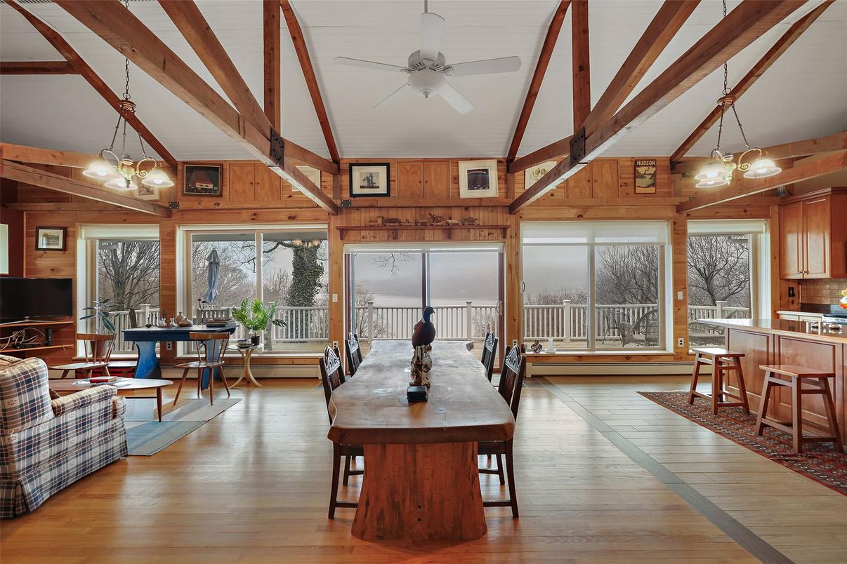 Dining room, Interior, Pendant Lights, Sun Room, Wooden Beams, Wood Texture Flooring, Wooden Walls