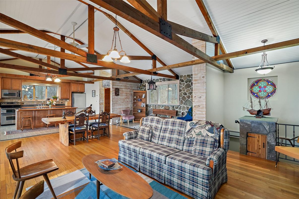 Dining room, Interior, Kitchen, Living room, Pendant Lights, Stone Walls, Wooden Beams, Wood Texture Flooring