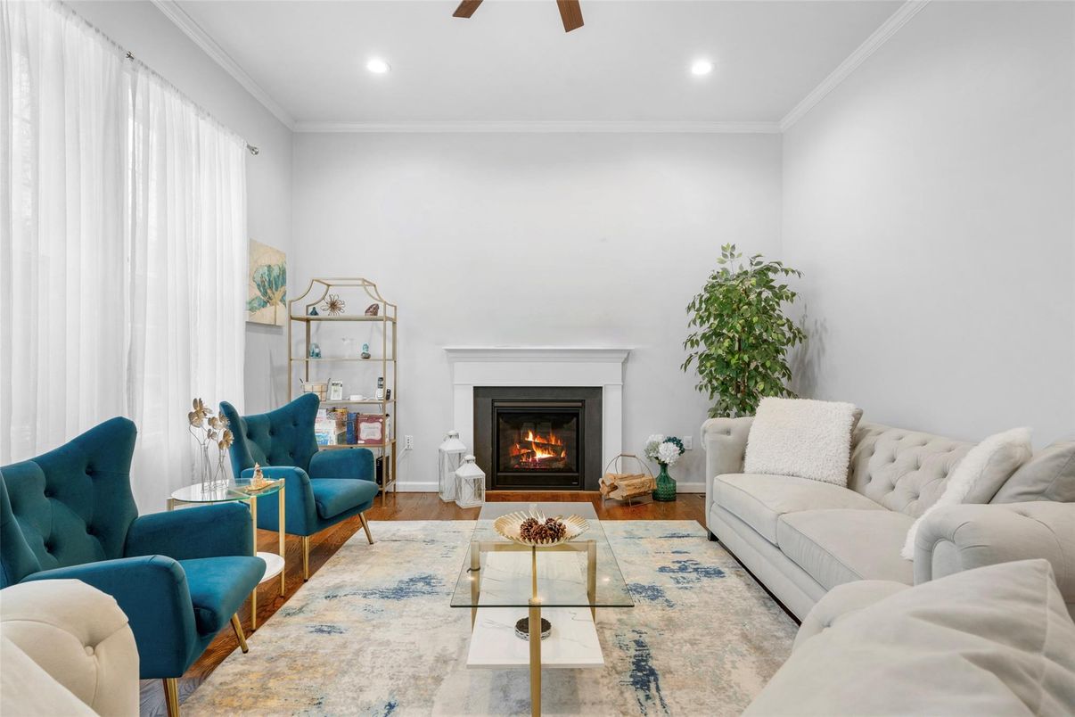Fireplace, Interior, Living room, Recessed Lighting, Wood Texture Flooring