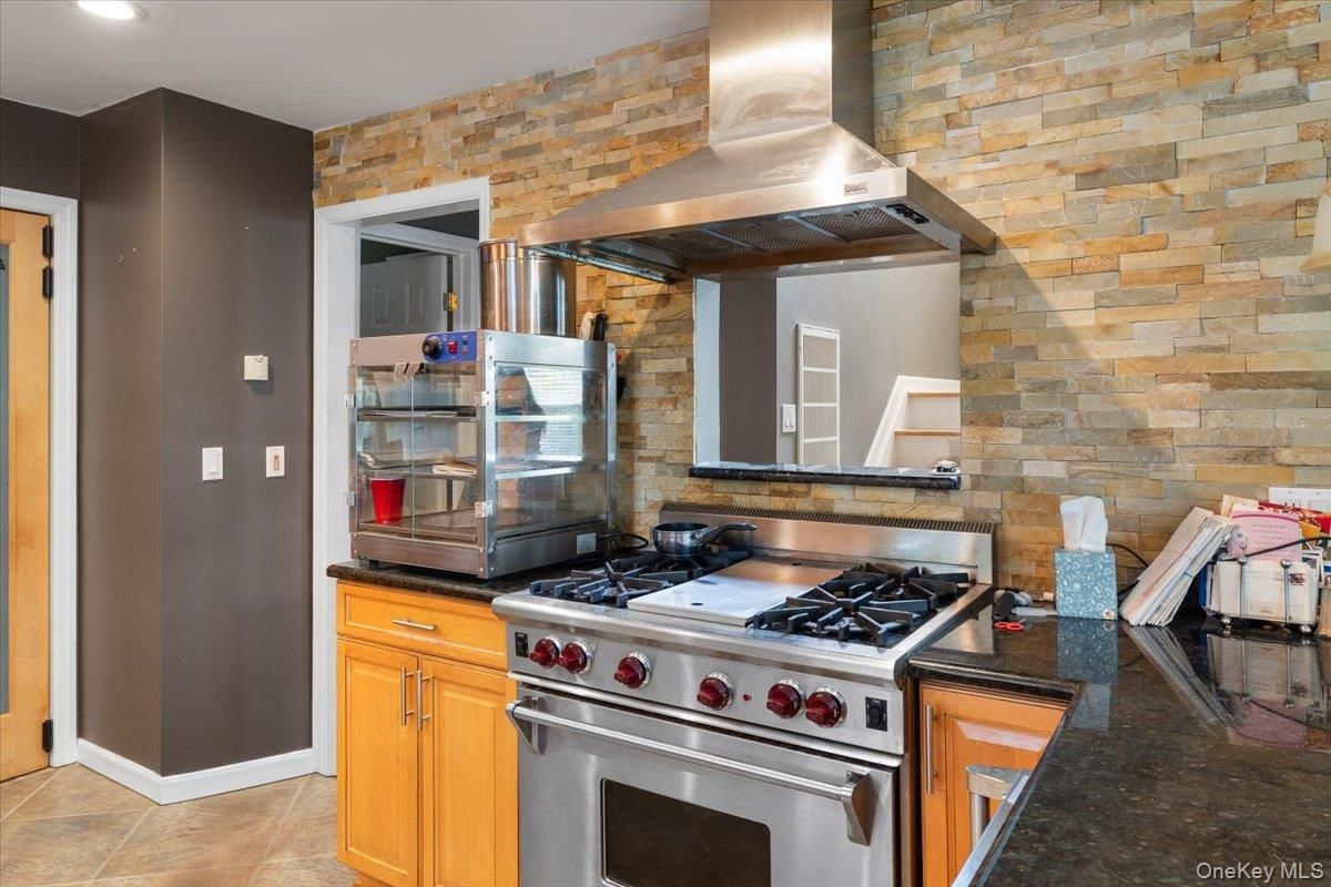 Interior, Kitchen, Recessed Lighting, Stainless Steel Appliances, Stone Walls