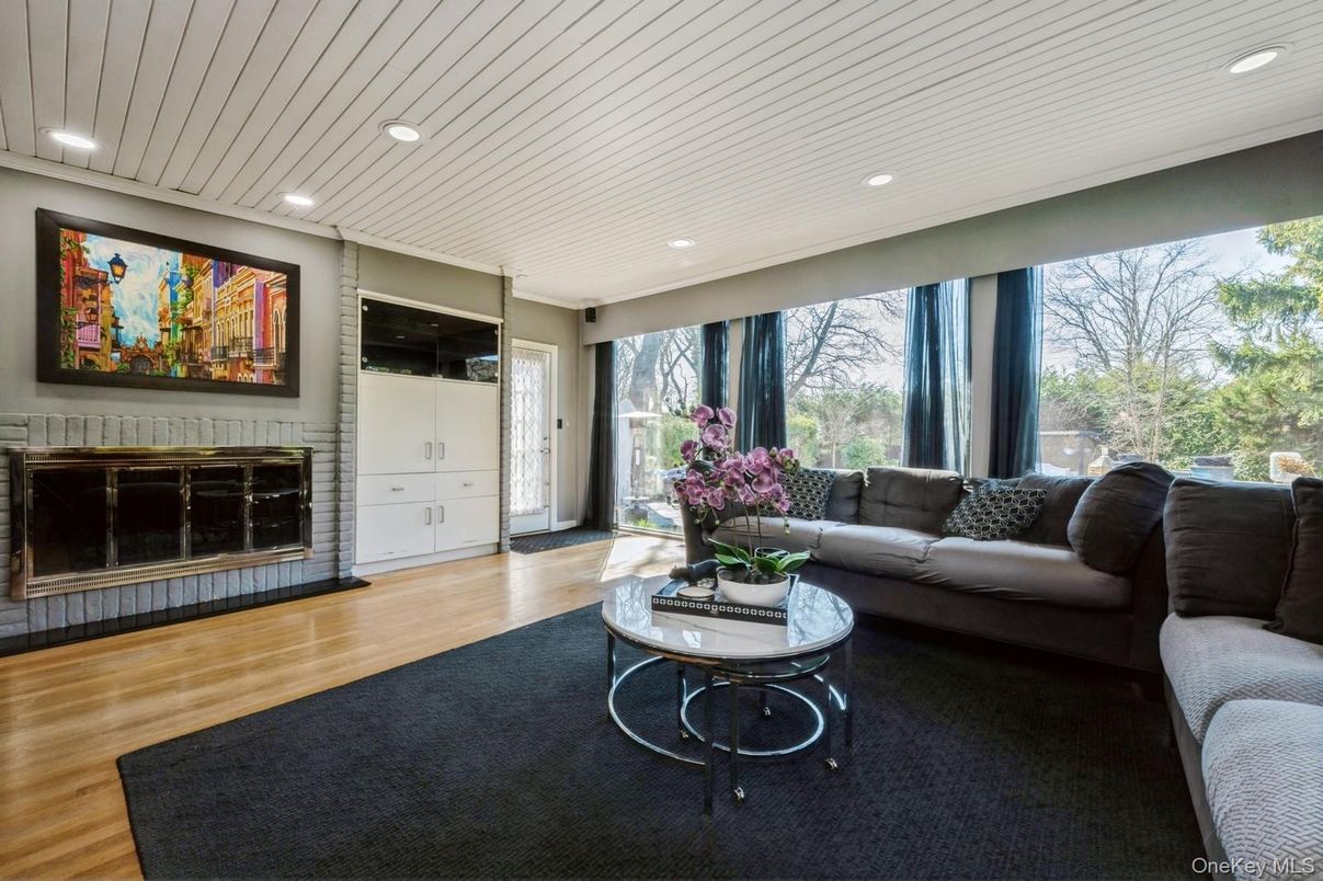 Fireplace, Interior, Living room, Recessed Lighting, Wood Texture Flooring