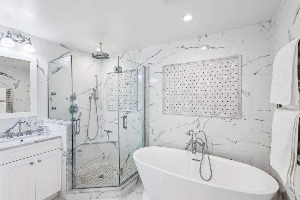 Bathroom, Free Standing Baths, Glass Shower, Interior, Marble, Marble Walls, Recessed Lighting