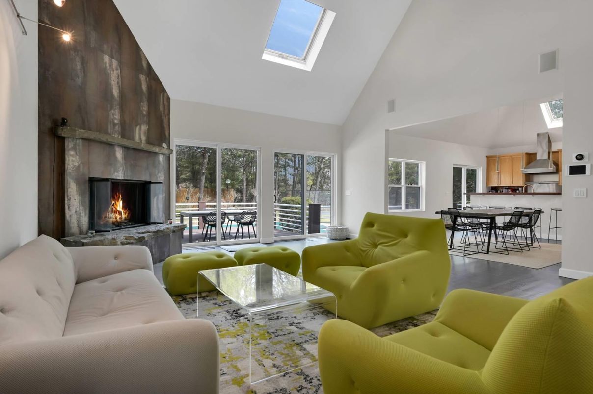 Dining room, Fireplace, Interior, Kitchen, Living room, Pendant Lights, Wood Texture Flooring