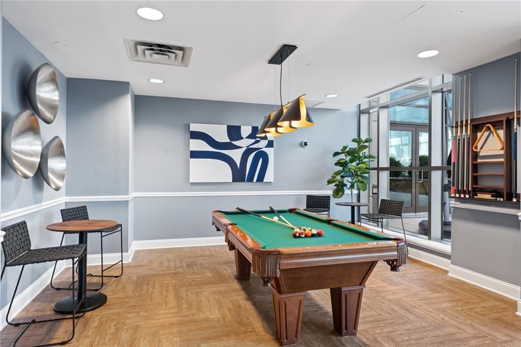 Billiard Table, Game Room, Interior, Pendant Lights, Recessed Lighting, Wood Texture Flooring