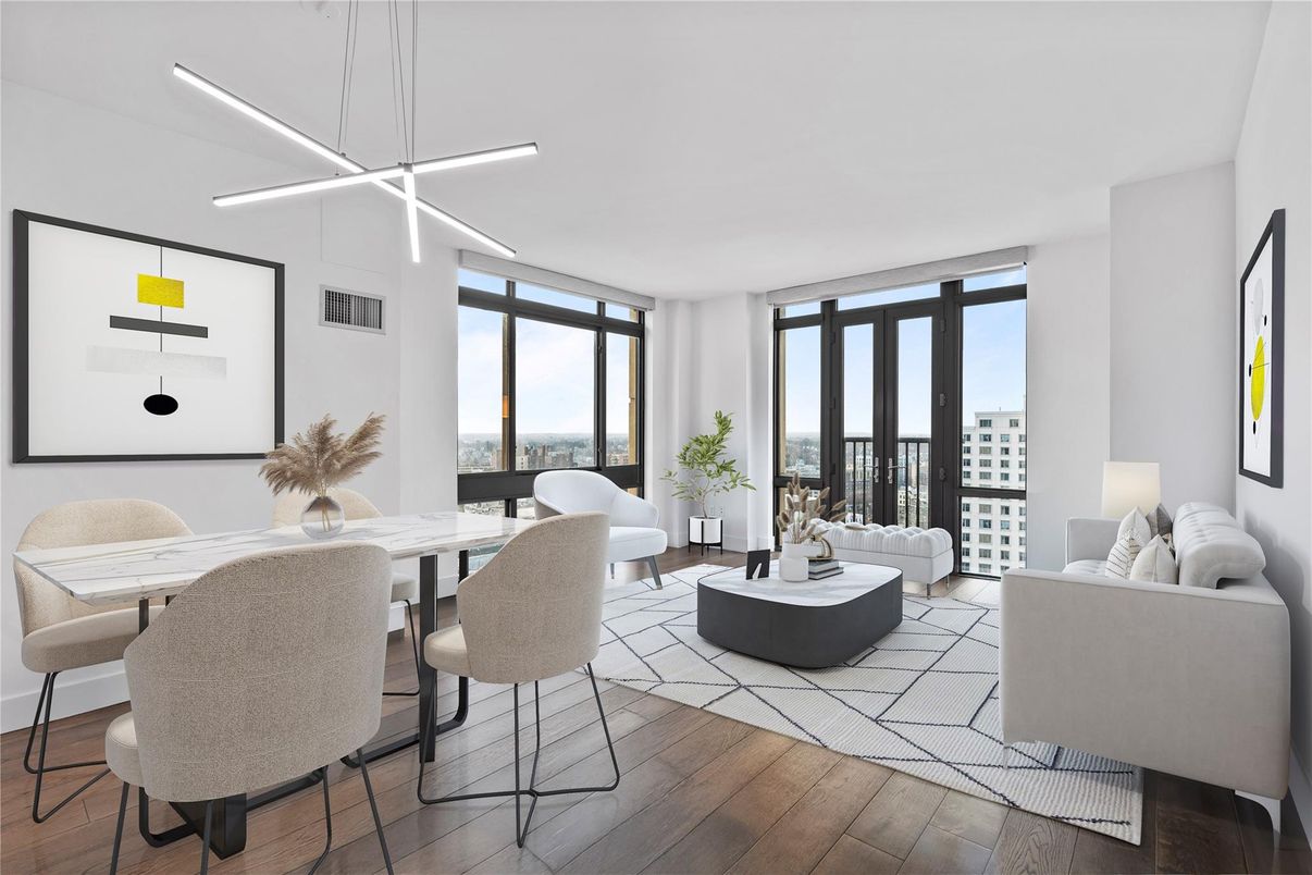 Dining room, Interior, Living room, Pendant Lights, Wood Texture Flooring
