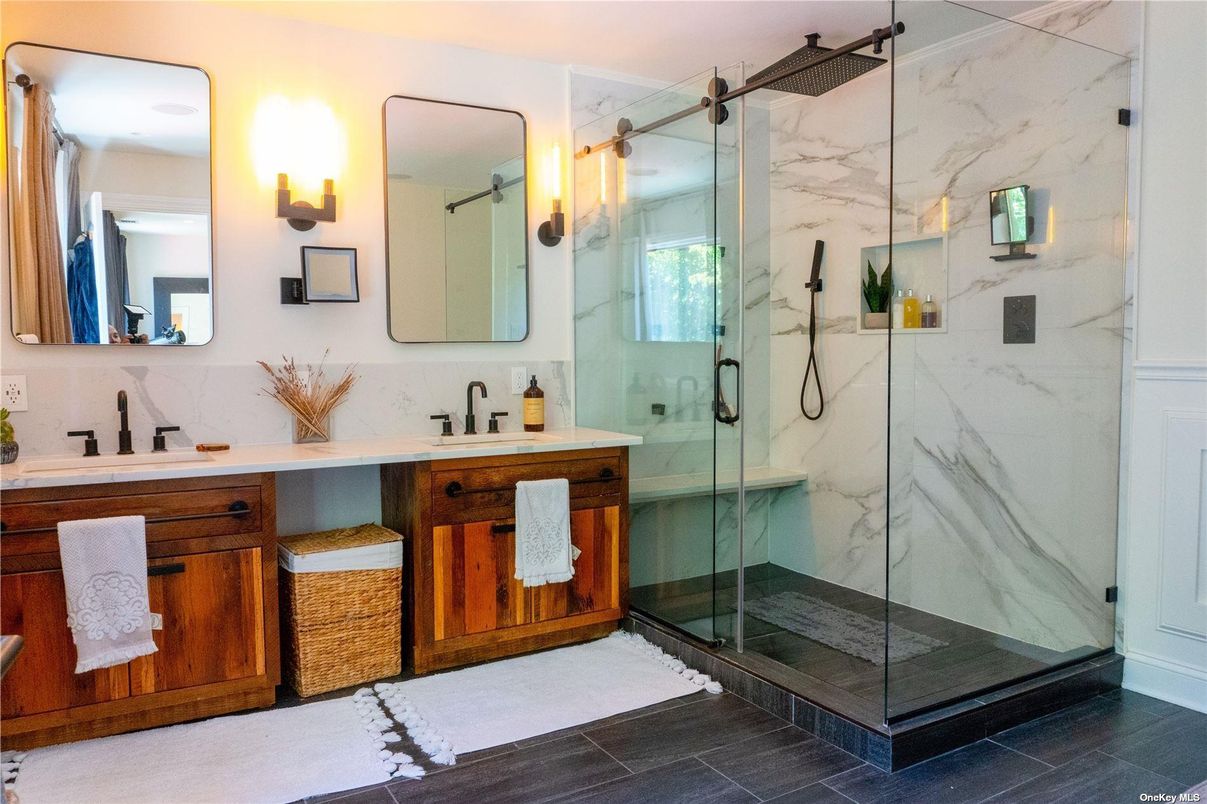 Bathroom, Dual Sink Vanities, Glass Shower, Interior, Marble Walls
