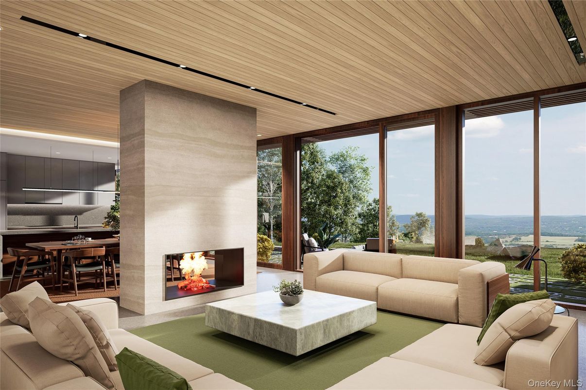 Dining room, Fireplace, Interior, Living room, Water, Wooden Ceilings