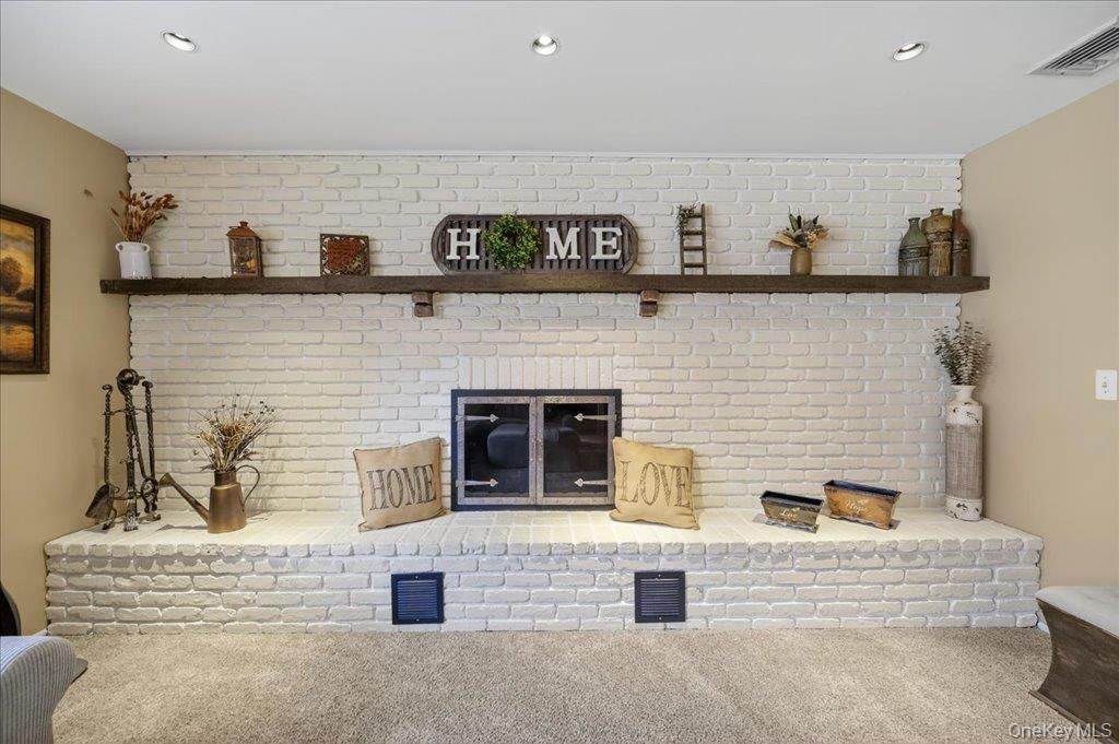 Fireplace, Interior, Recessed Lighting, Stone Walls