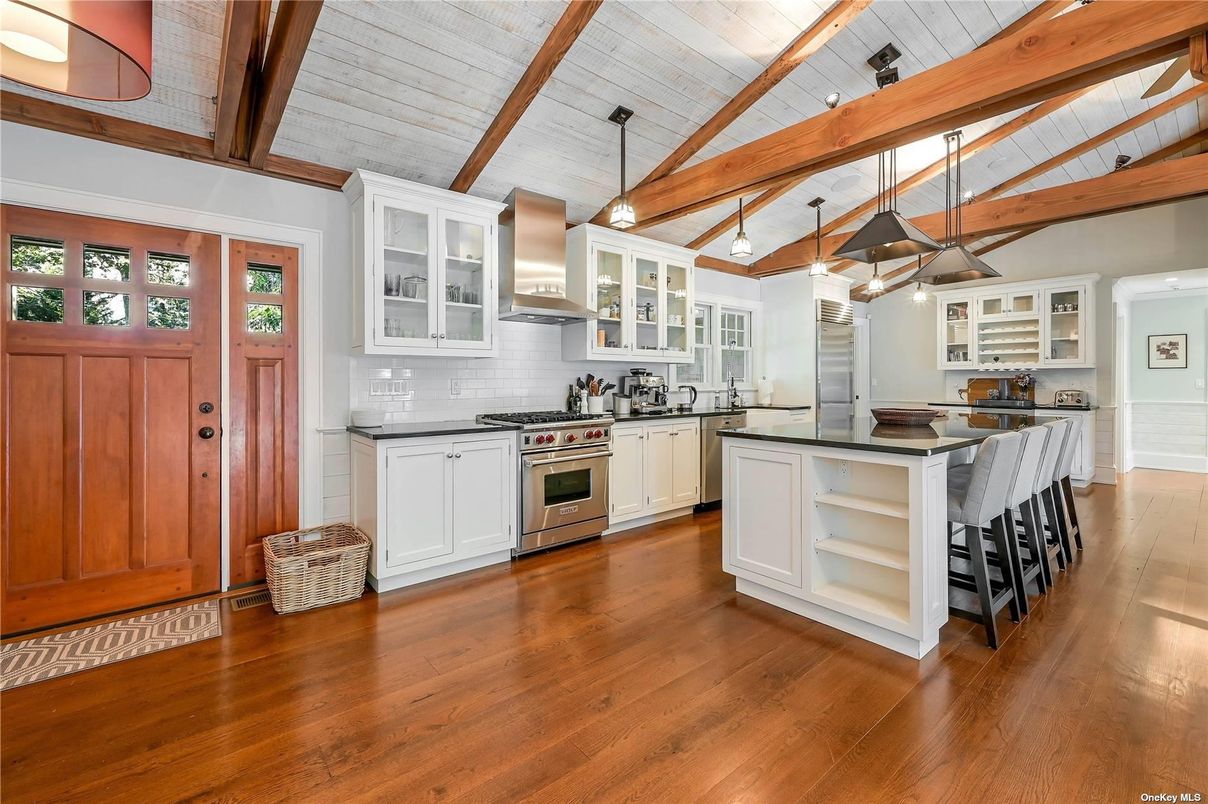 Interior, Kitchen, Pendant Lights, Stainless Steel Appliances, Wooden Beams, Wood Texture Flooring