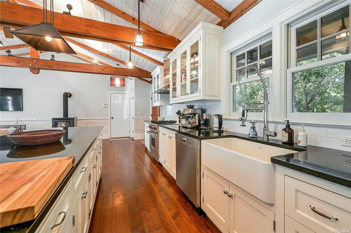 Fireplace, Interior, Kitchen, Pendant Lights, Wooden Beams, Wood Texture Flooring