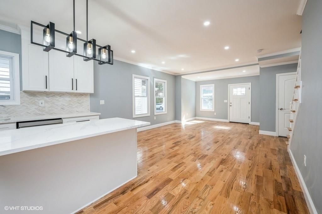 Empty room, Interior, Kitchen, Pendant Lights, Recessed Lighting, Wood Texture Flooring