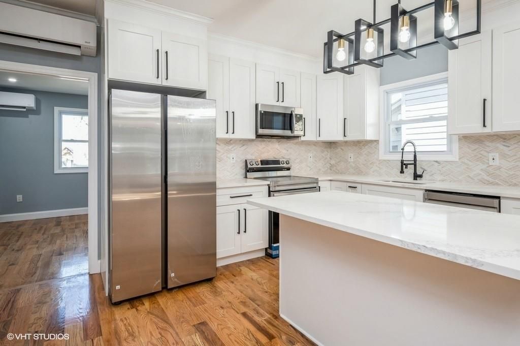 Interior, Kitchen, Pendant Lights, Stainless Steel Appliances, Wood Texture Flooring