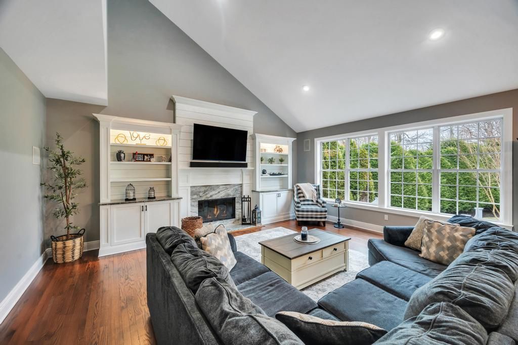 Fireplace, Interior, Living room, Recessed Lighting, Wood Texture Flooring