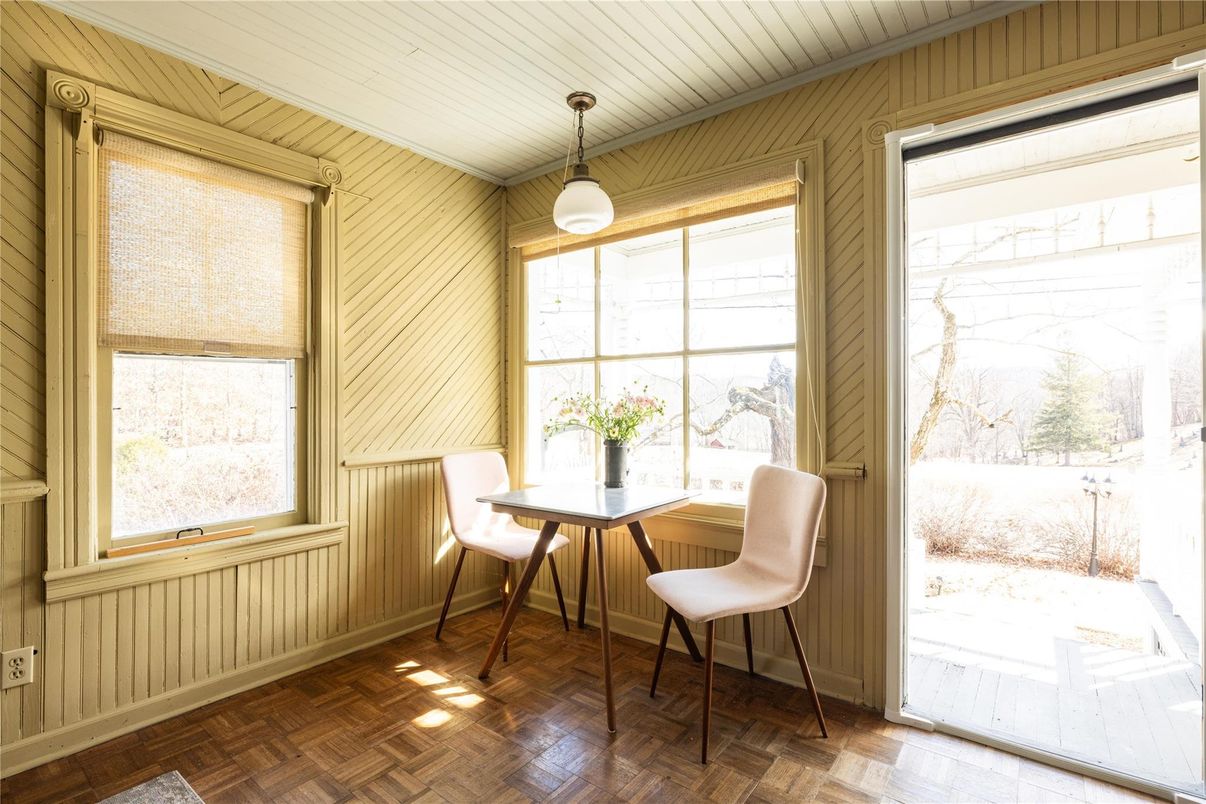 Dining room, Interior, Pendant Lights, Wood Texture Flooring