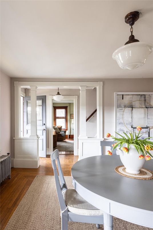 Dining room, Interior, Pendant Lights, Wood Texture Flooring