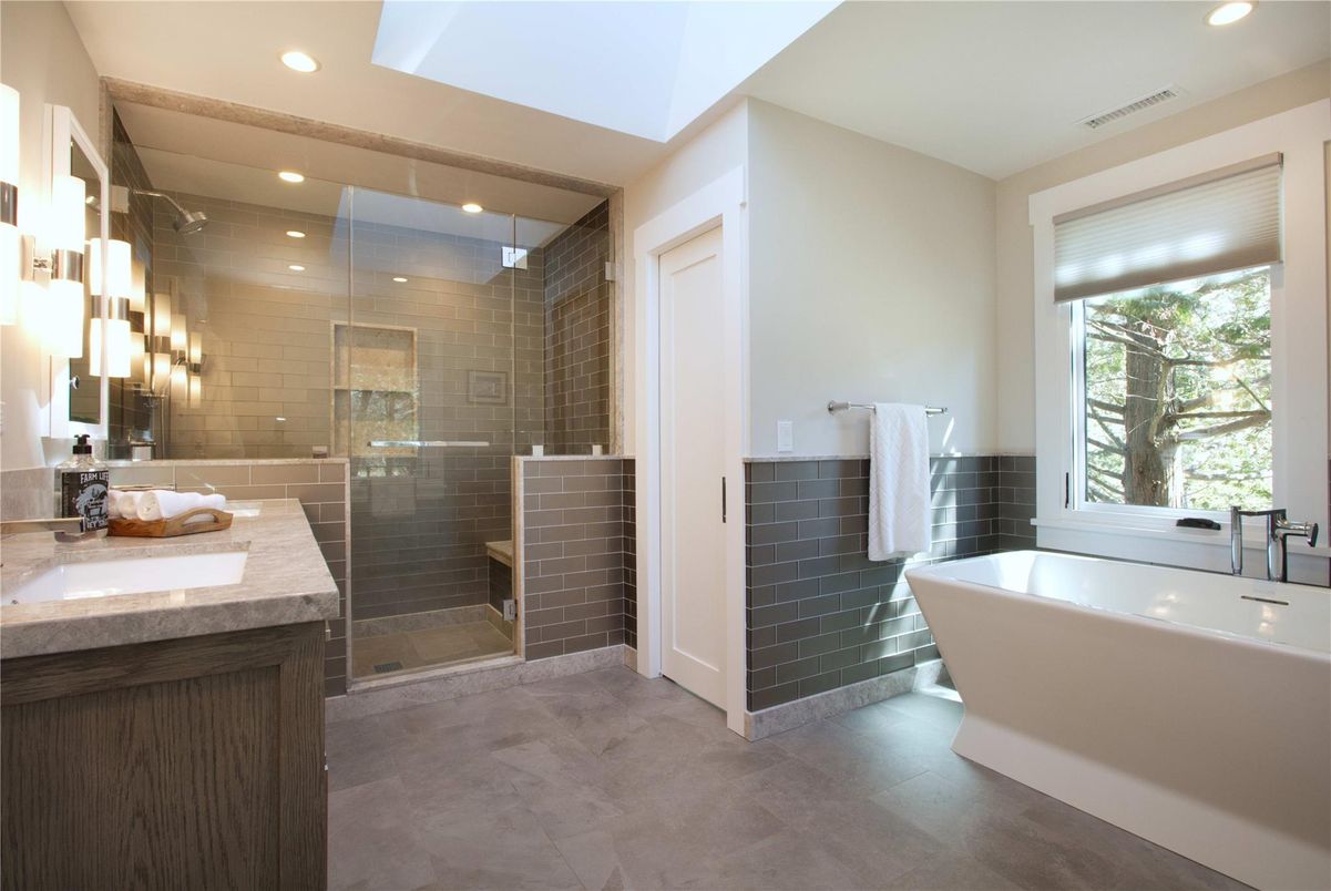 Bathroom, Free Standing Baths, Glass Shower, Interior, Recessed Lighting