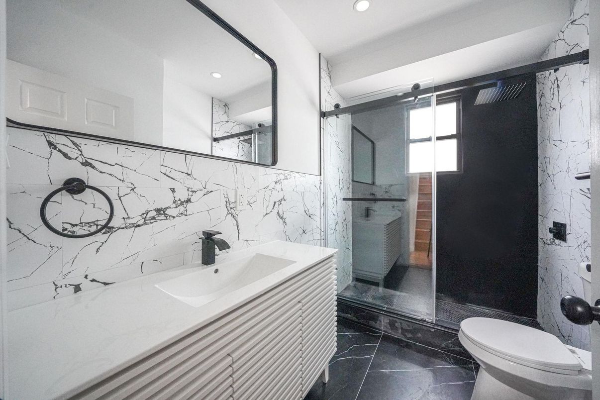 Bathroom, Glass Shower, Interior, Marble Walls, Recessed Lighting