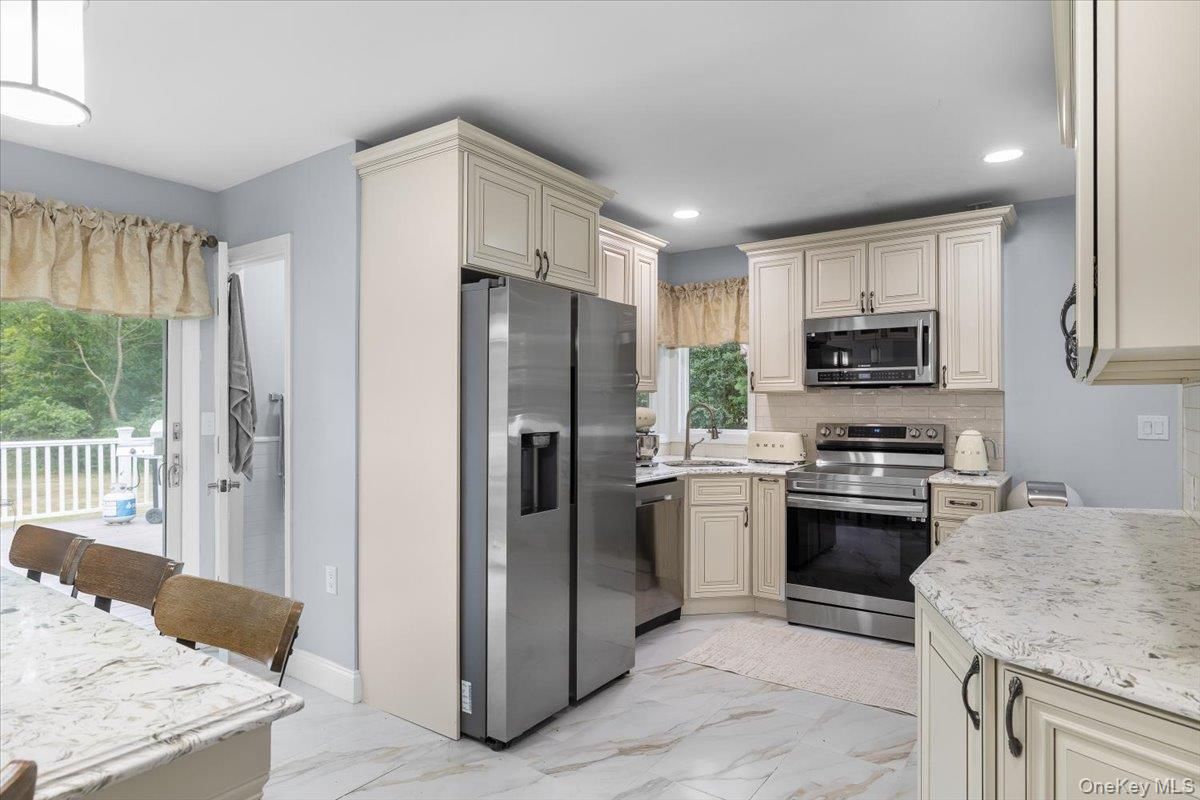 Interior, Kitchen, Marble, Recessed Lighting, Stainless Steel Appliances