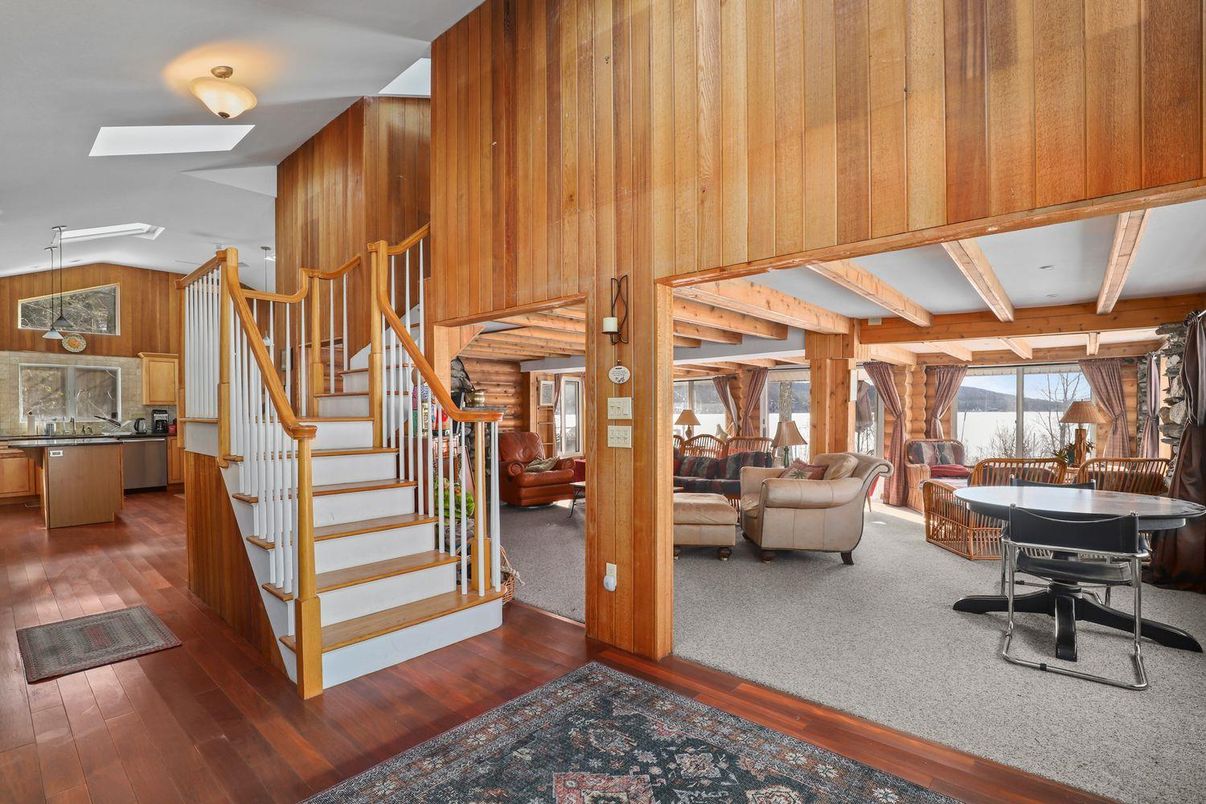 Dining room, Interior, Kitchen, Living room, Pendant Lights, Wood Texture Flooring, Wooden Walls