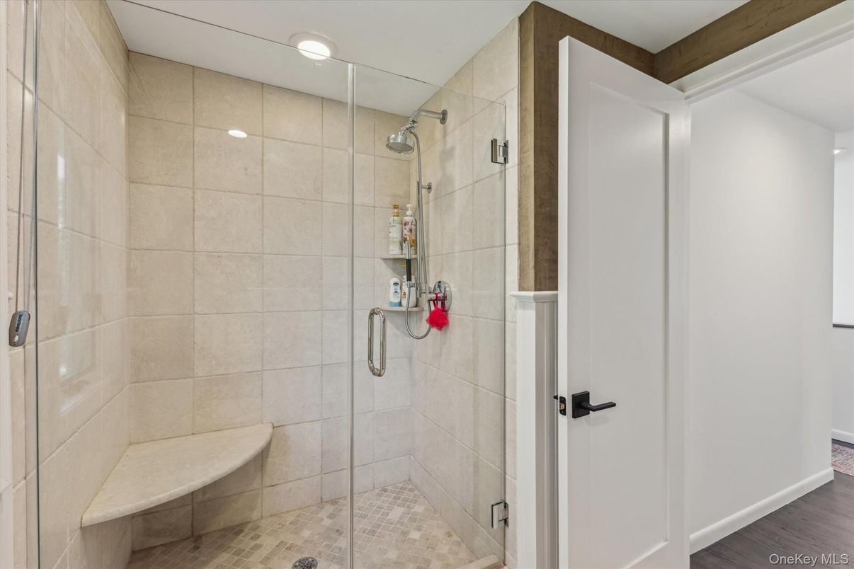 Bathroom, Glass Shower, Interior, Recessed Lighting, Wood Texture Flooring