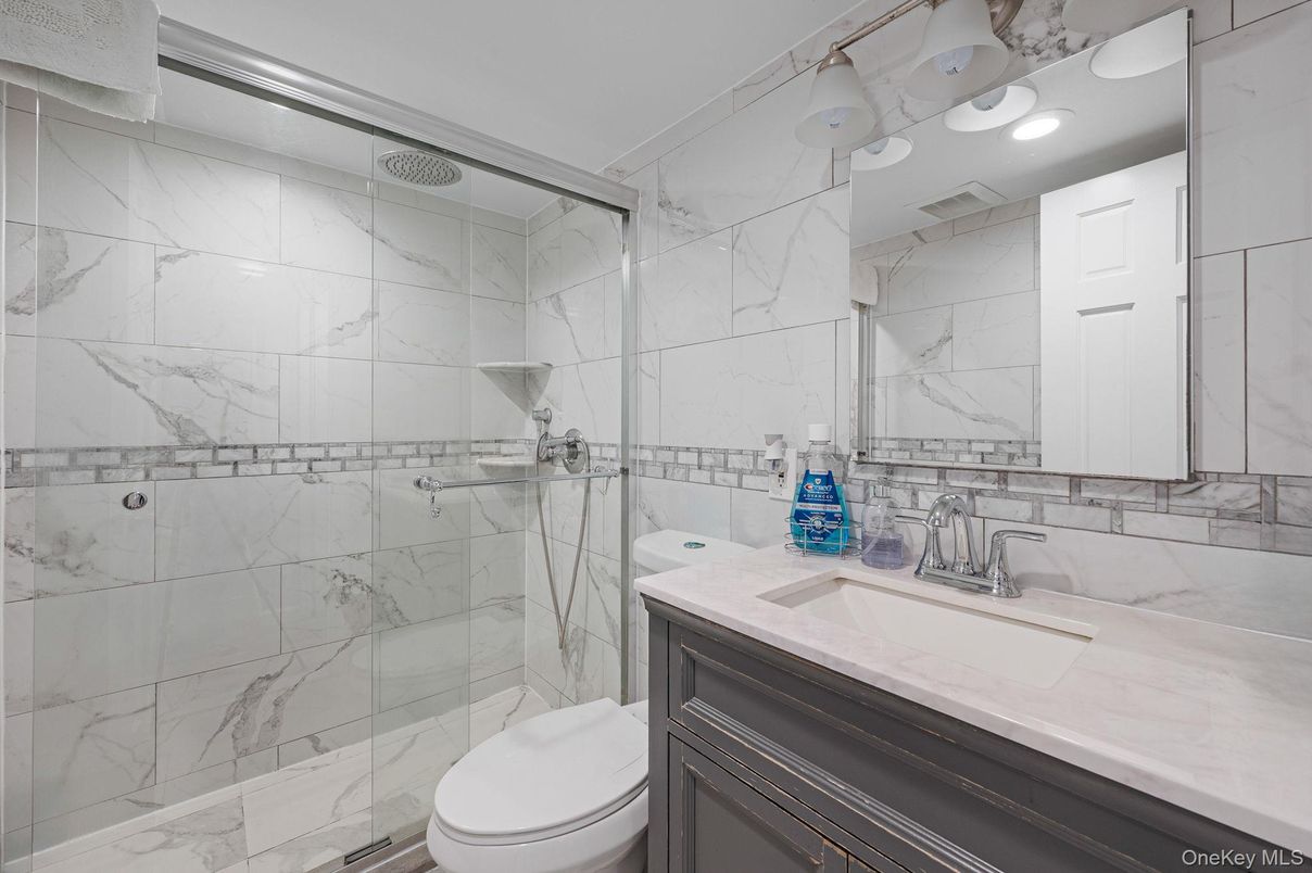 Bathroom, Glass Shower, Interior, Marble Walls, Recessed Lighting