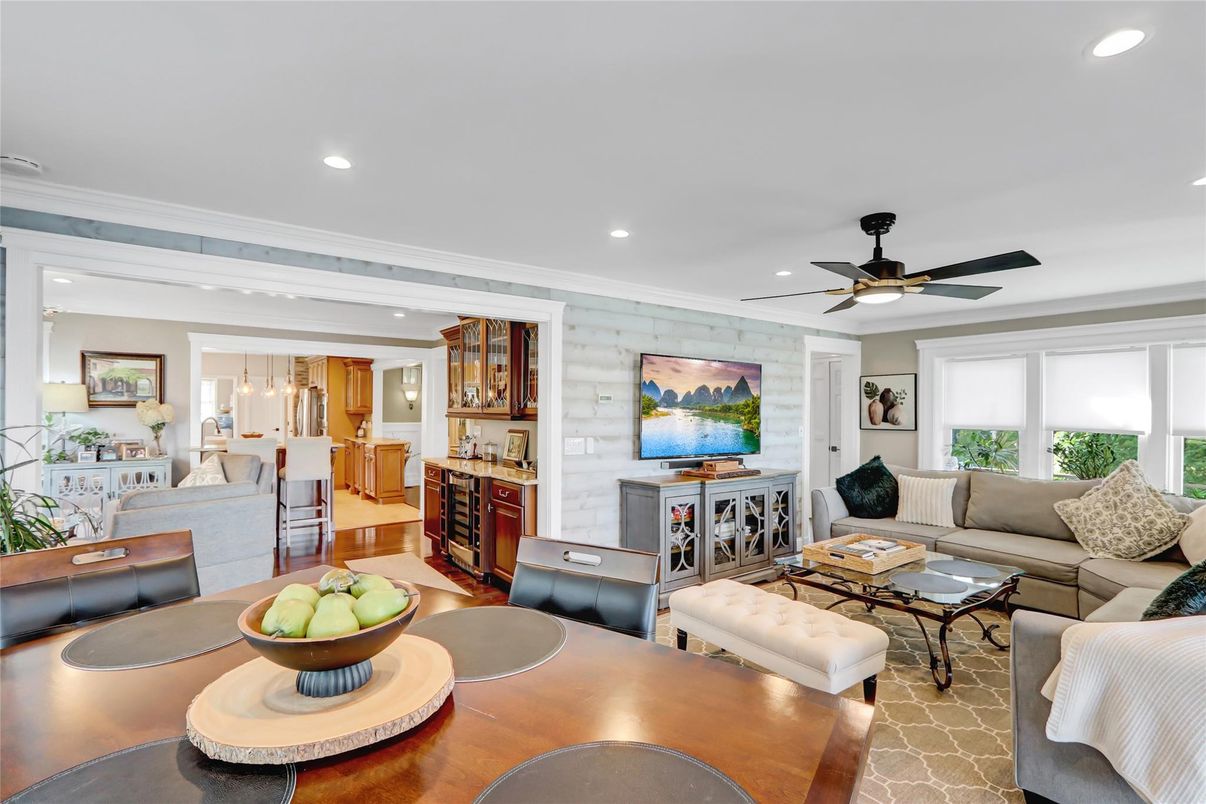 Dining room, Interior, Kitchen, Living room, Pendant Lights, Recessed Lighting, Stone Walls