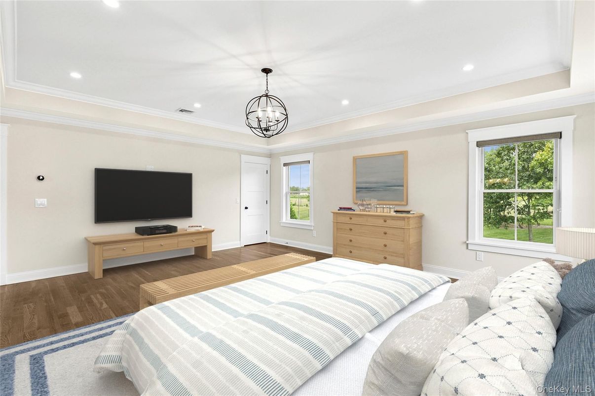 Bedroom, Interior, Pendant Lights, Recessed Lighting, Wood Texture Flooring