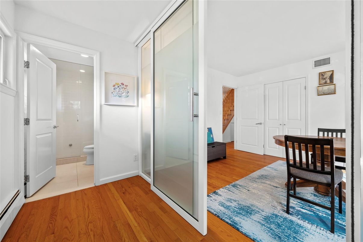 Bathroom, Glass Shower, Interior, Recessed Lighting, Wood Texture Flooring
