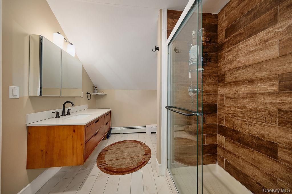 Bathroom, Glass Shower, Interior, Wood Texture Flooring