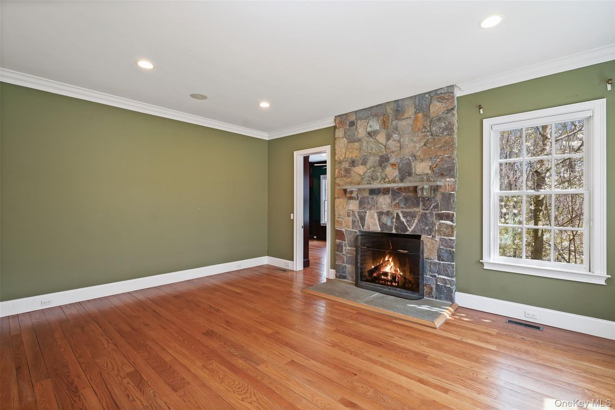Empty room, Fireplace, Interior, Recessed Lighting, Wood Texture Flooring