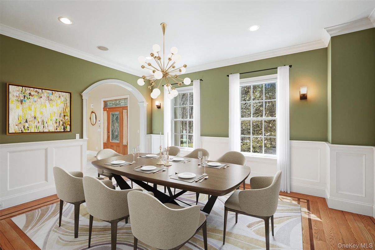 Dining room, Interior, Pendant Lights, Recessed Lighting, Wood Texture Flooring
