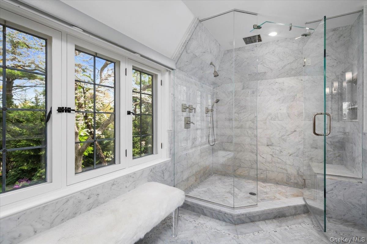 Bathroom, Glass Shower, Interior, Marble, Marble Walls, Recessed Lighting