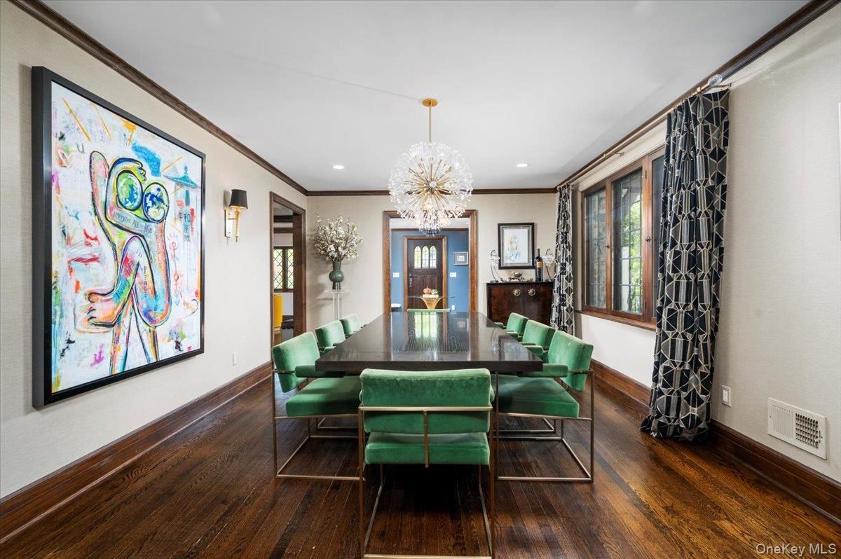 Dining room, Interior, Pendant Lights, Recessed Lighting, Wood Texture Flooring