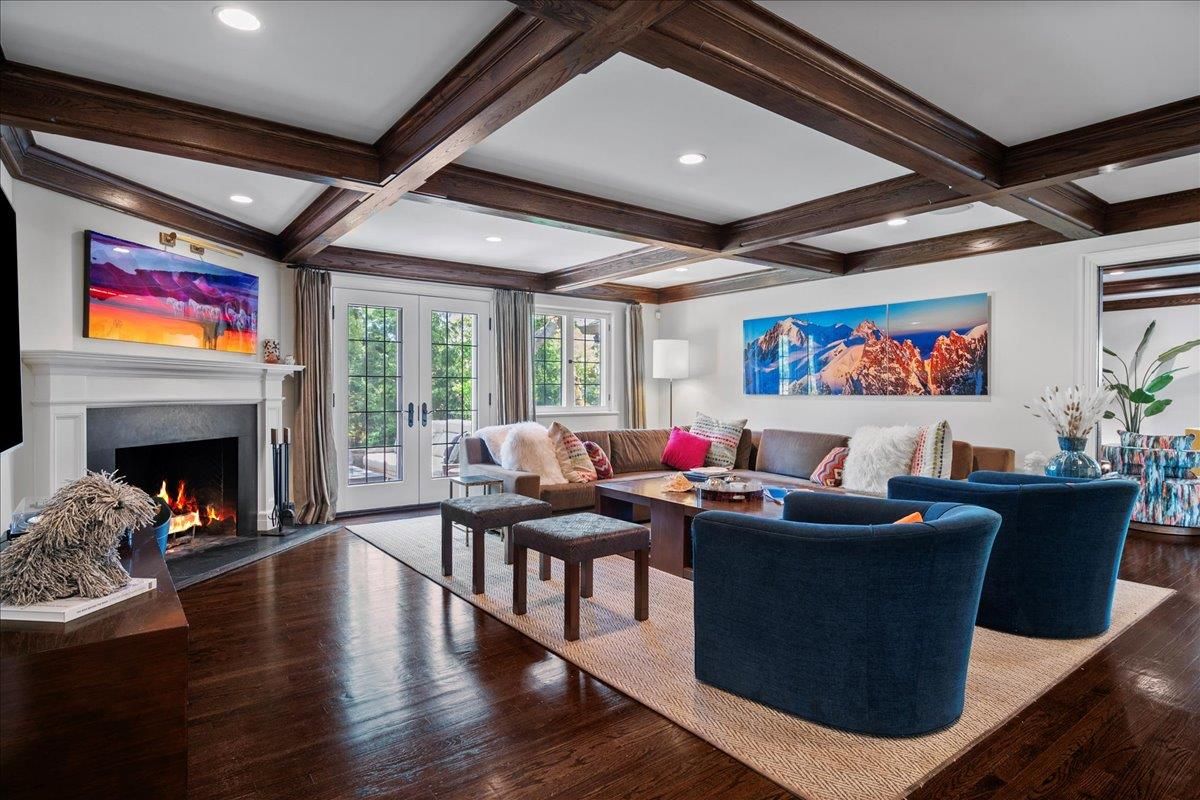 Fireplace, Interior, Living room, Recessed Lighting, Wooden Beams, Wood Texture Flooring