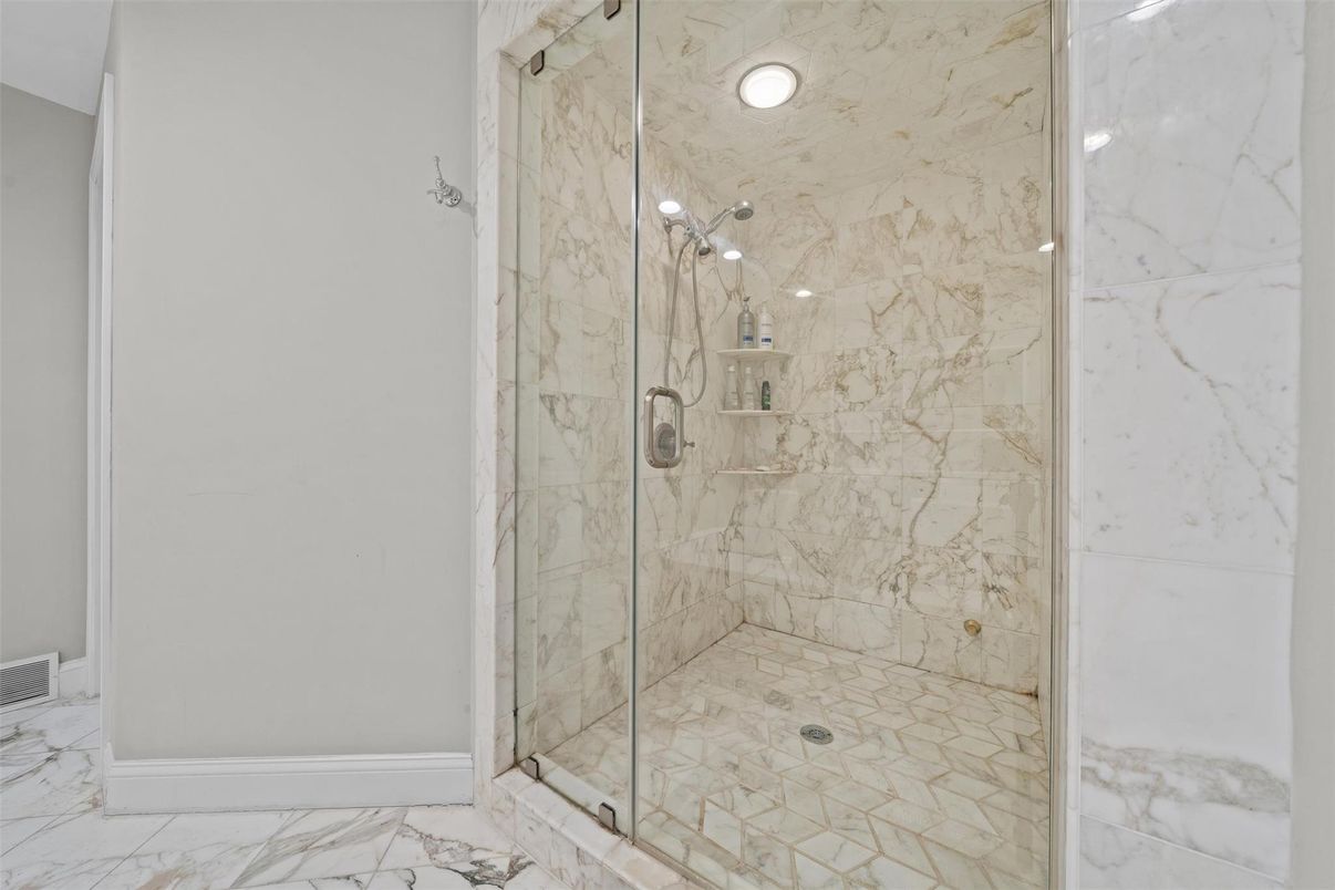 Bathroom, Glass Shower, Interior, Marble, Marble Walls, Recessed Lighting