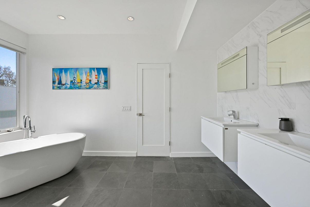 Bathroom, Dual Sink Vanities, Free Standing Baths, Interior, Marble Walls, Recessed Lighting