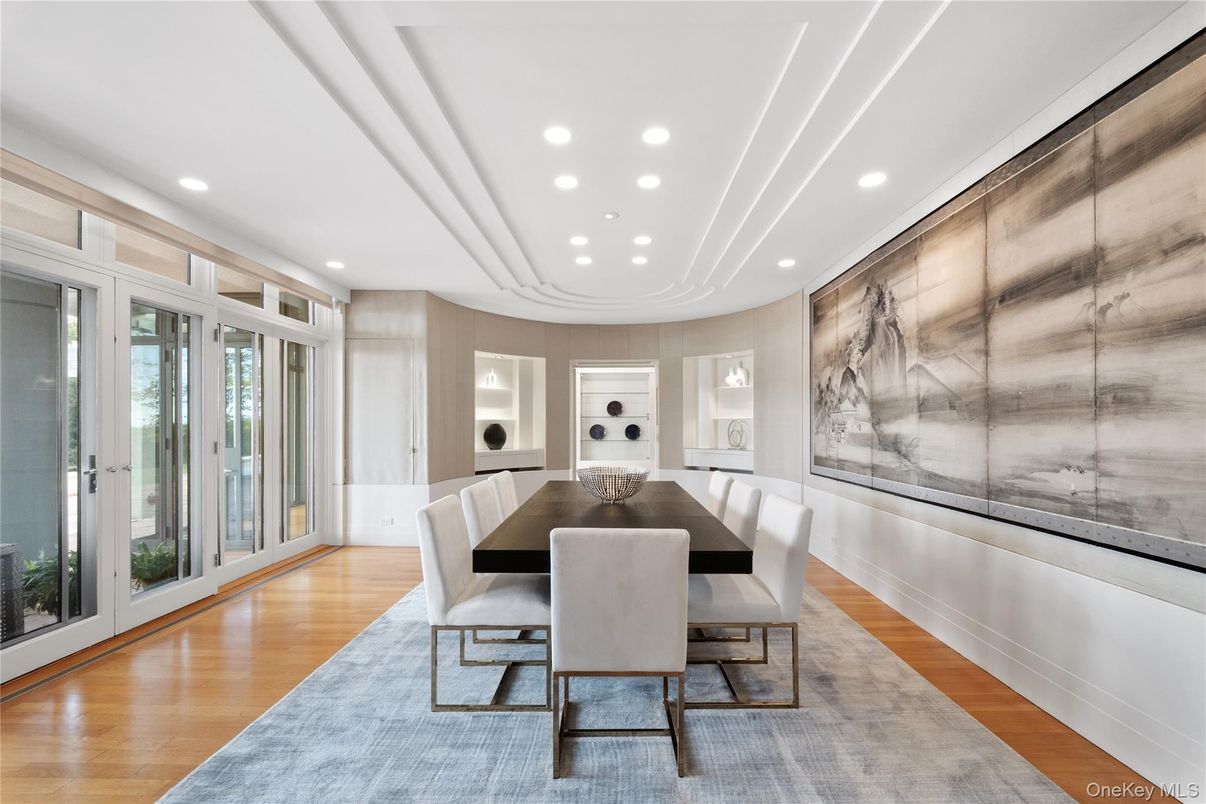Dining room, Interior, Recessed Lighting, Wood Texture Flooring