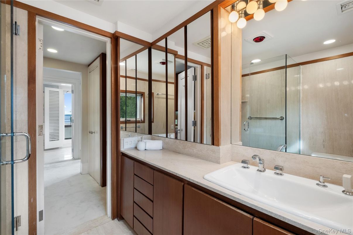 Bathroom, Dual Sink Vanities, Glass Shower, Interior, Marble, Recessed Lighting