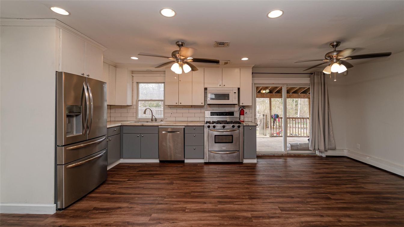 Interior, Kitchen, Recessed Lighting, Stainless Steel Appliances, Wood Texture Flooring