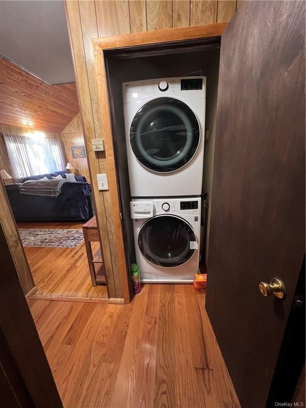 Interior, Utility Closets, Washer, Wood Texture Flooring, Wooden Walls