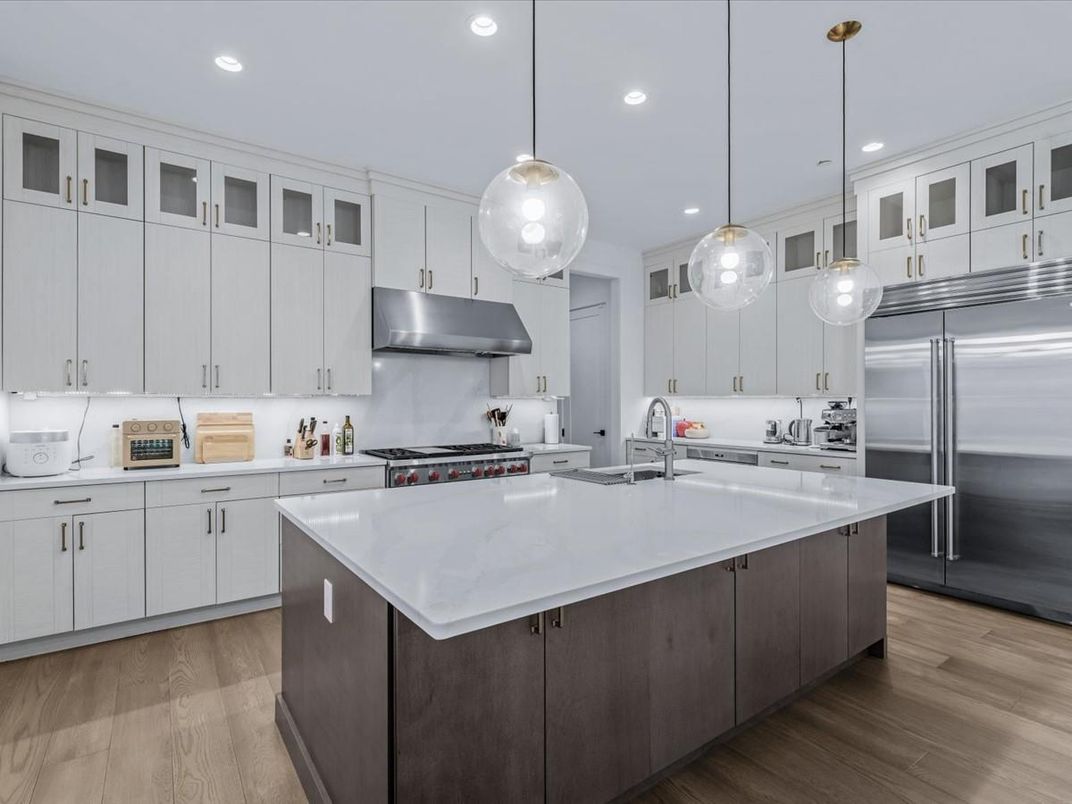 Interior, Kitchen, Pendant Lights, Recessed Lighting, Stainless Steel Appliances, Wood Texture Flooring