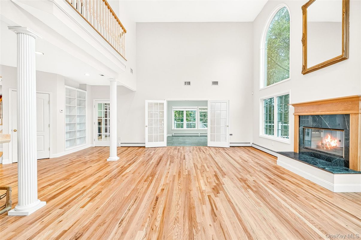 Empty room, Fireplace, Interior, Recessed Lighting, Wood Texture Flooring