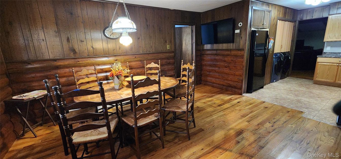 Dining room, Interior, Pendant Lights, Wood Texture Flooring, Wooden Walls